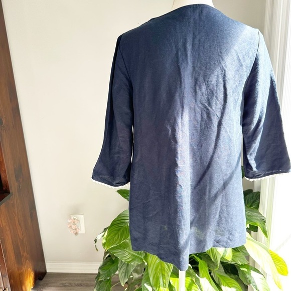 Linen Blend Context Navy Blue Blouse 3/4 Sleeve Size Small Lord and Taylor - Picture 3 of 7